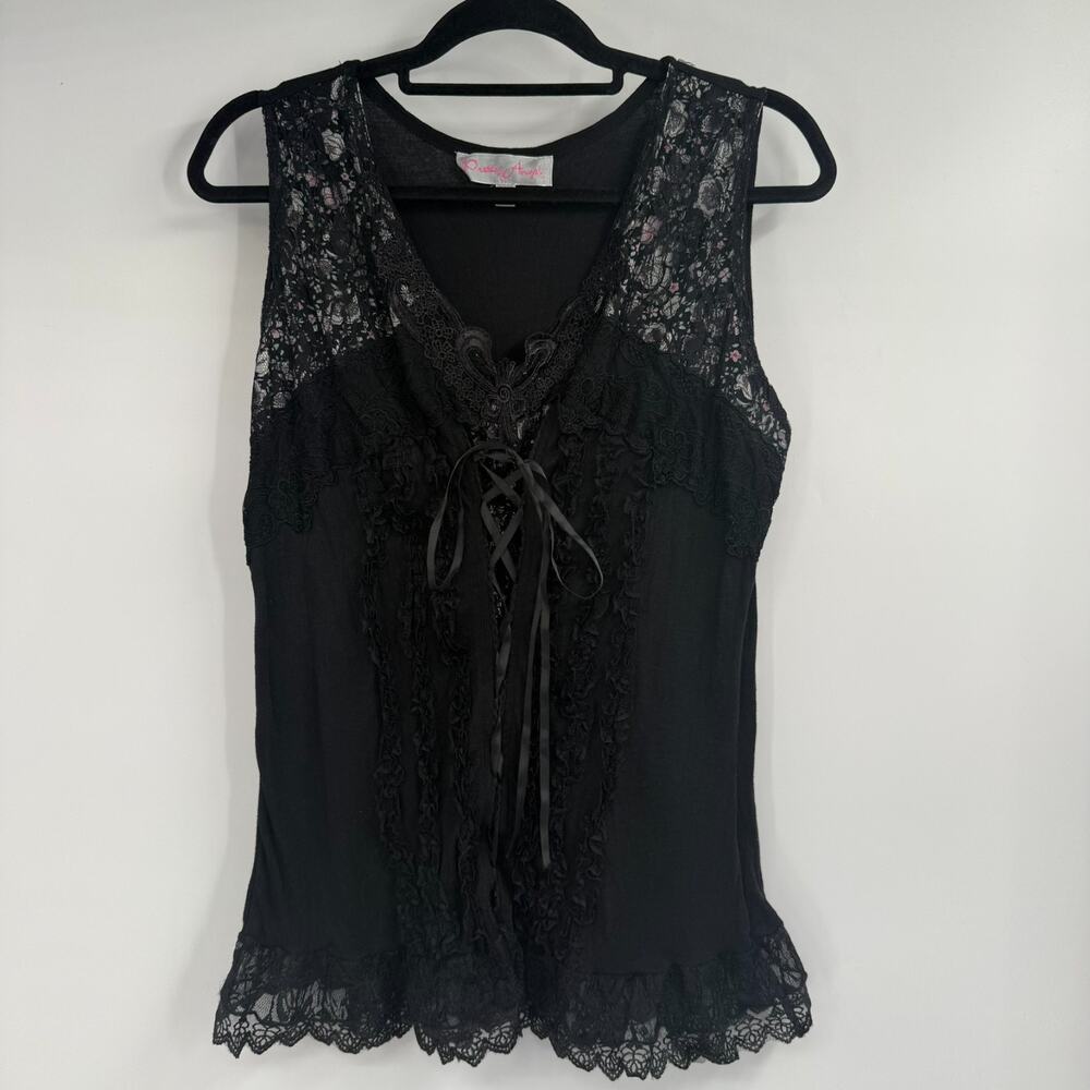 Pretty Angel Lace Up V-Neck Cami Tank Top Womens XL Black Silk Blend Ruffle Trim